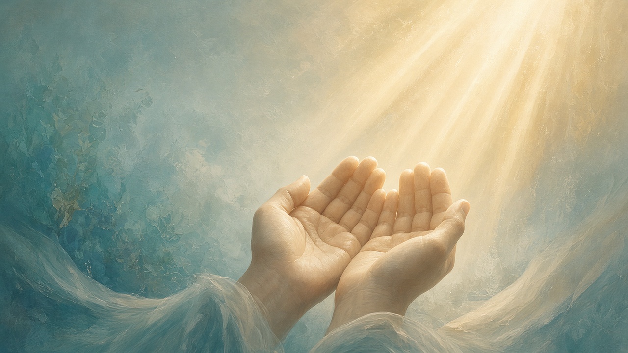 Open hands lifted in prayer toward soft light