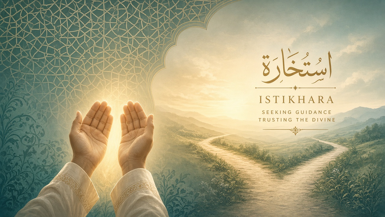 Open hands raised in supplication before a path dividing in two