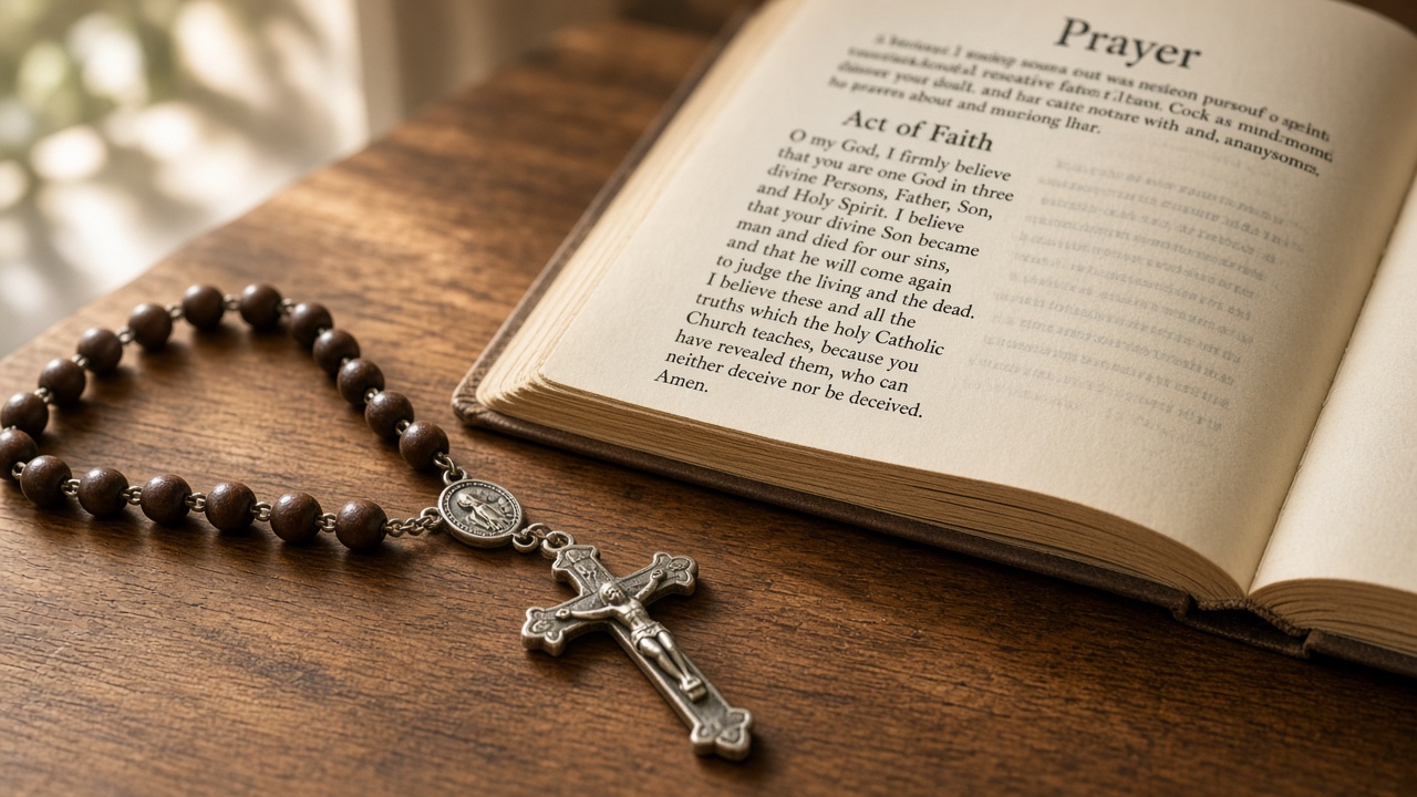 Rosary beads and crucifix beside an open prayer book