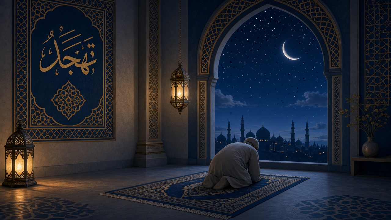 A worshipper praying at night beneath a crescent moon