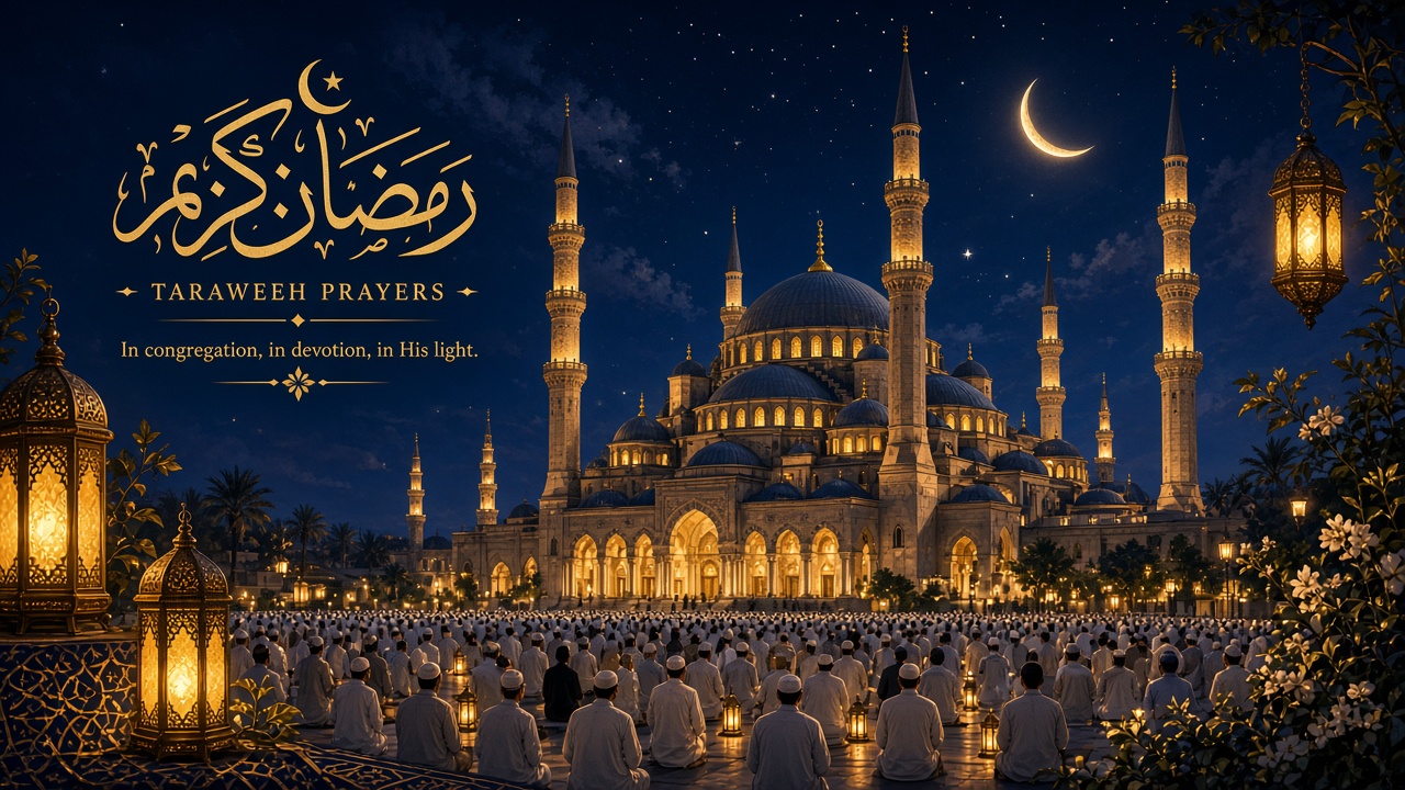 An illuminated mosque at night with worshippers during Ramadan